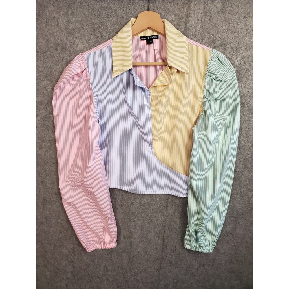 Women's Thread Story Size Large Multi Color Pinstripe Crop Tie Front Blouse